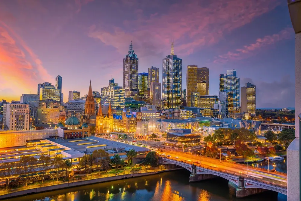 Downtown Melbourne city skyline cityscape of Australia at sunset from top view