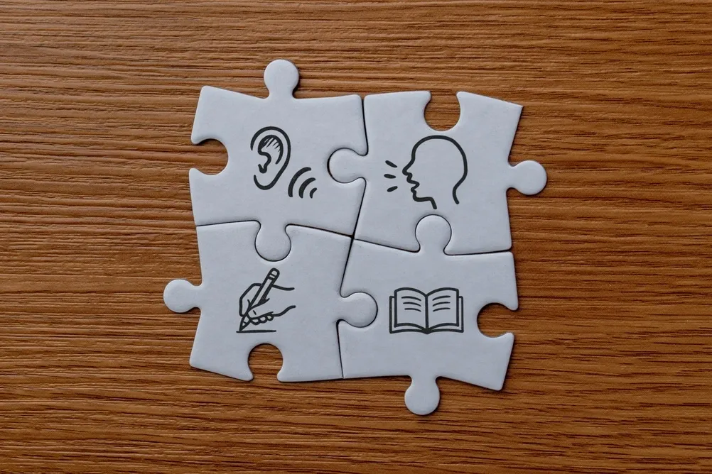 Jigsaw puzzle pieces with icons representing listening, speaking, writing, and reading. Education, literacy, language learning, and communication development concept.
