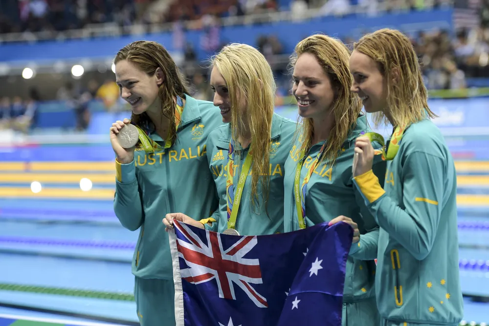 Rio de Janeiro, Brazil - august 13, 2016: Silver medalists Emily Seebohm (L), Taylor McKeown, Emma McKeon and Cate Campbell (AUS) during Women's 4 Ã? 100m medley relay of the Rio 2016 Olympics Games