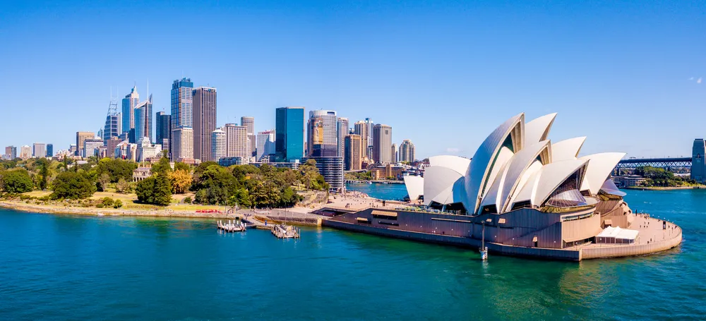 Amazing aerial footage view of the Sydney city from above with Harbour bridge, Opera house ant the harbour. April 10, 2016. Sydney, Australia.